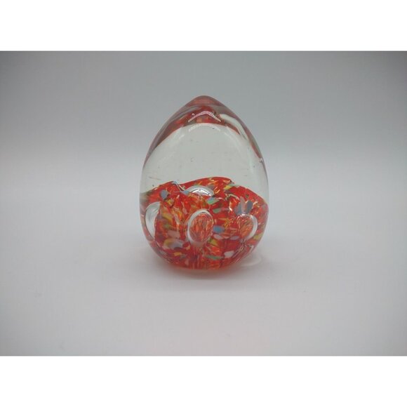 Vintage 3" Norleans Japan Blown Glass Egg Paperweight Orange Millefiori Bubbles - Picture 5 of 17